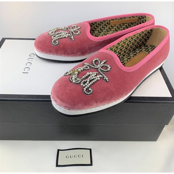 NIB Gucci Pink Velvet Pearl Monogram Slip on Loafers Size 5.5 - Picture 10 of 10